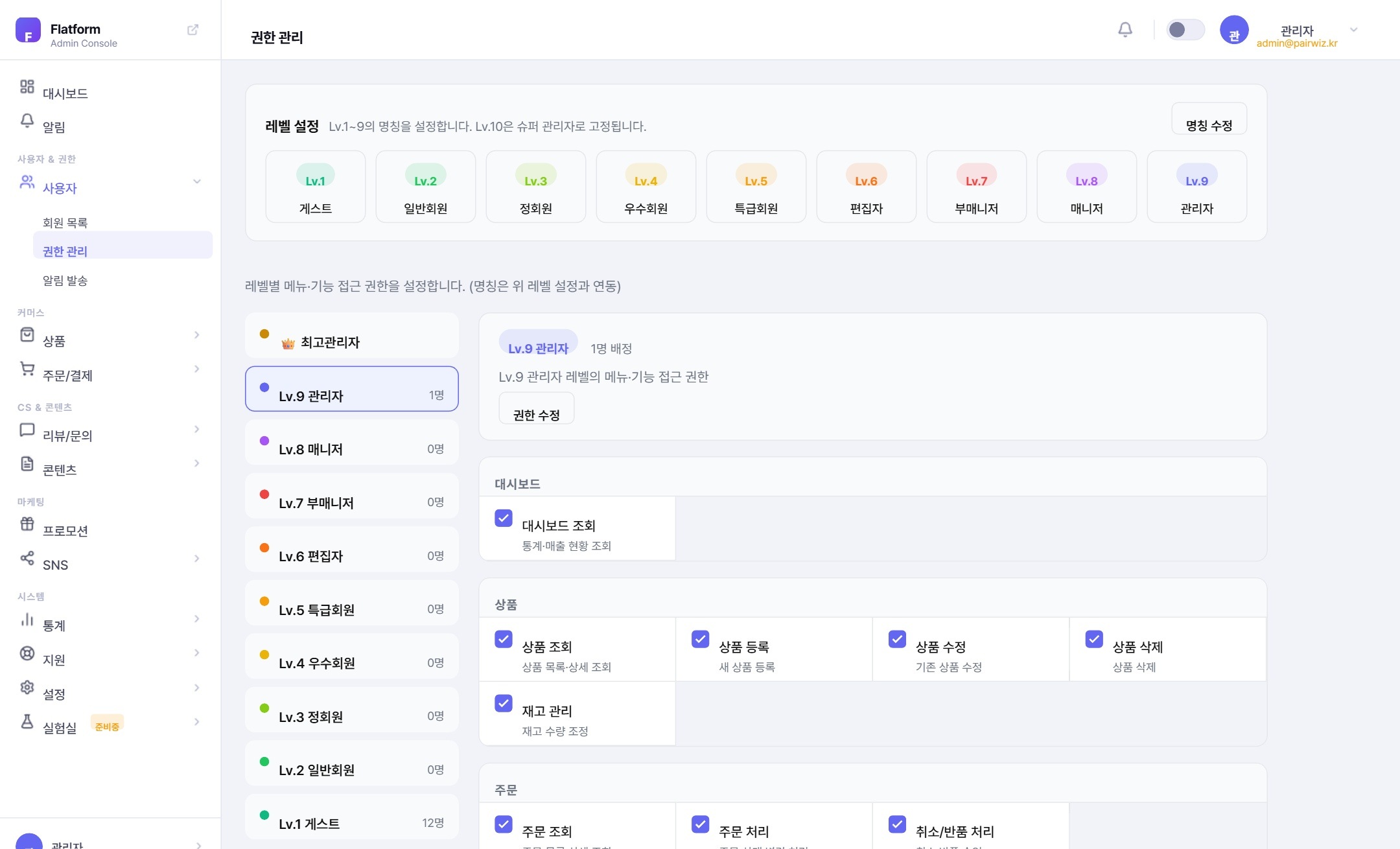 페어위즈 쇼핑몰 플랫폼 관리자 — 권한 관리 화면
